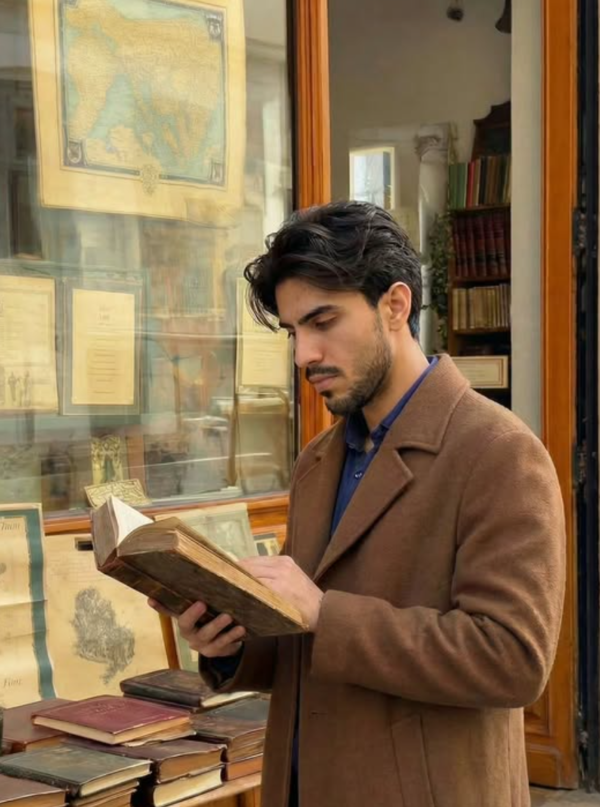 Cinematic European Bookstore Portrait