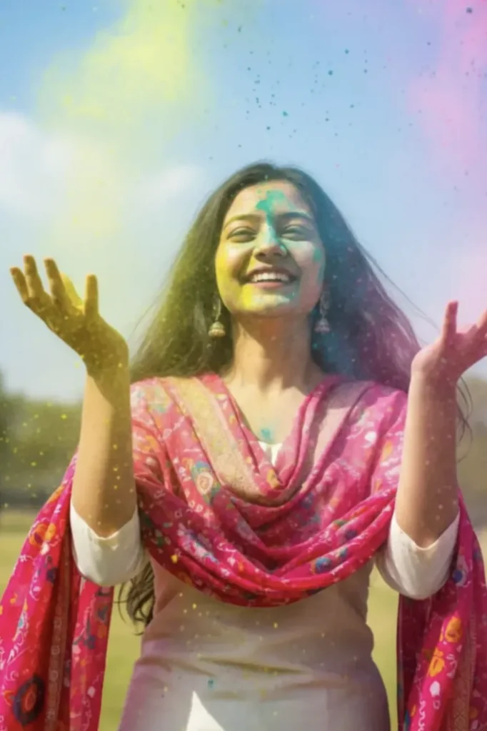 Happy Holi Vibrant Outdoor Portrait AI Prompt for Girls