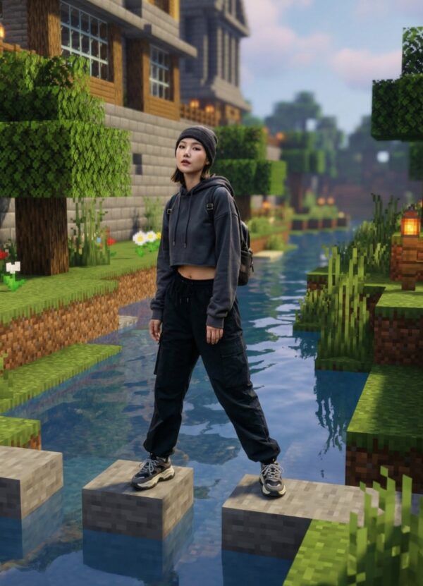 Real Person in Minecraft World Background