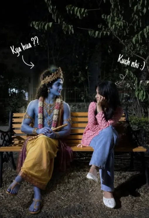 Sit with lord Krishna