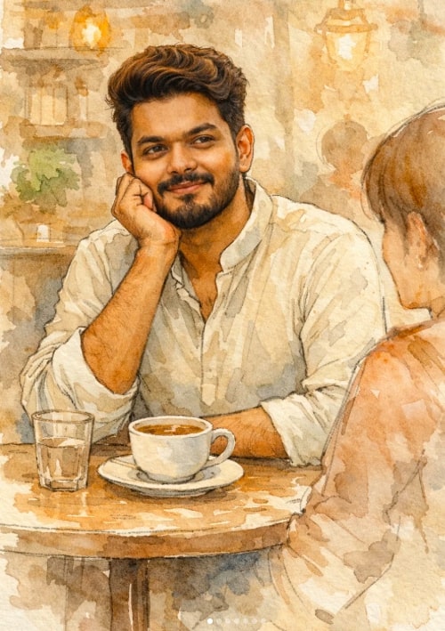 Soft Watercolor Café Portrait Illustration