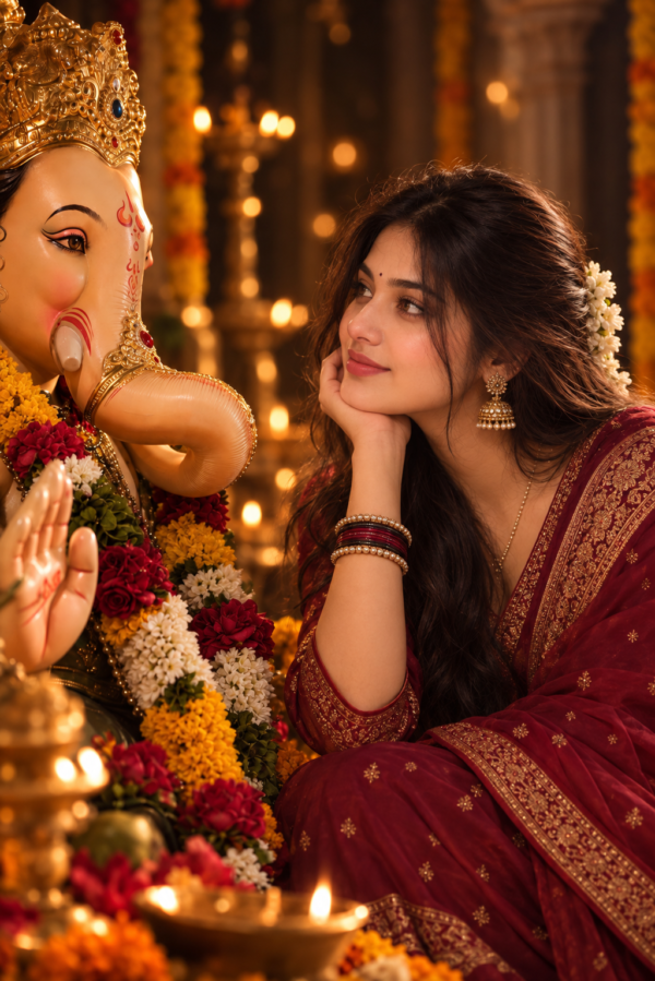 Ganpati Bappa Devotional Saree Portrait AI Prompt